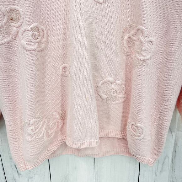 VINTAGE 90s LARGE Womens Pastel Pink Oversized Beaded Floral Sweater Clasiques - Picture 4 of 8